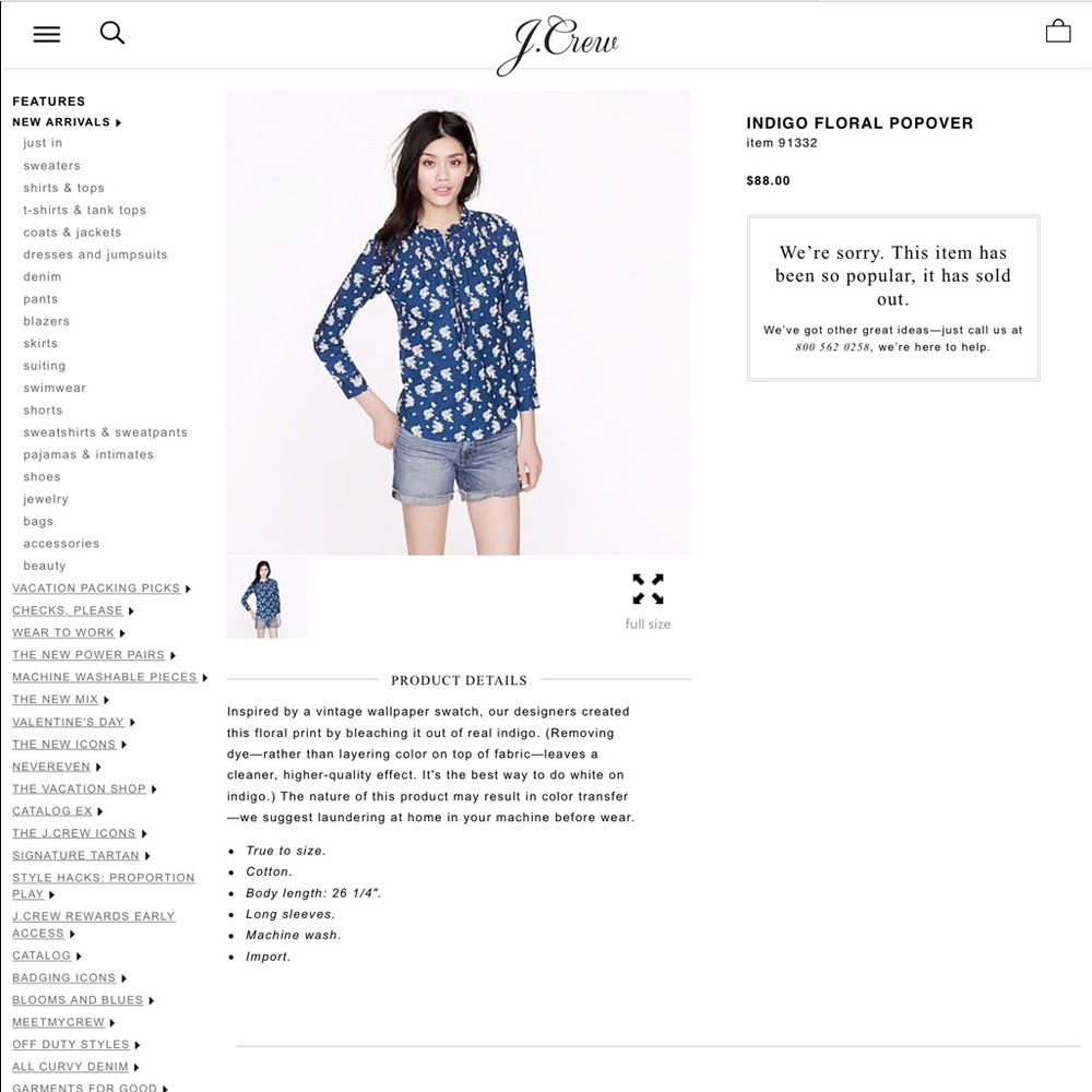 Jcrew indigo print floral popover
